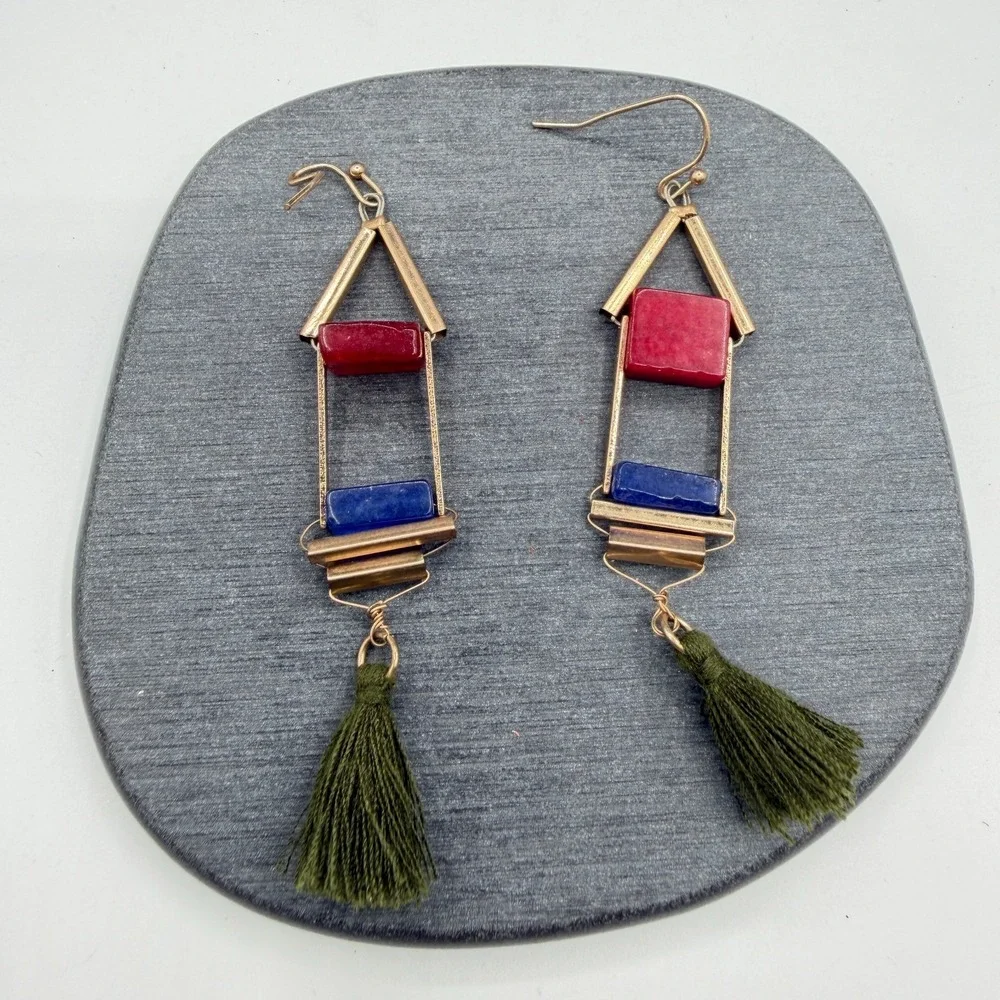 Gold Tone Red Blue Stone Olive Green Tassel Boho Geometric Dangle Earrings